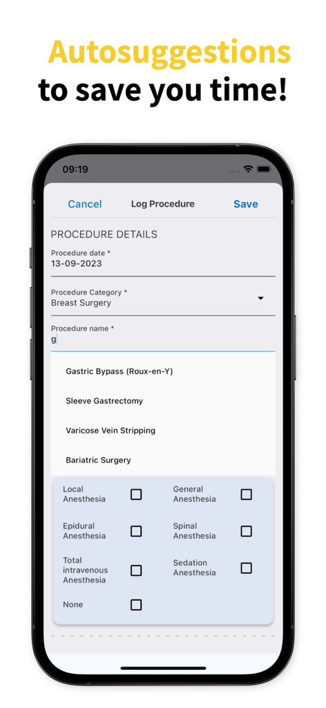 Surgeonal(Surgical Logbook) - Mobile app interface for logging surgical procedures featuring a time saving autosuggestion list