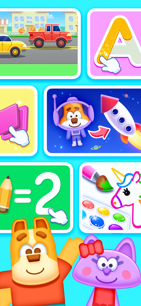 Smart Kids: Learning Games - A collage showing various educational activities including letter tracing math problems and creative painting for preschoolers