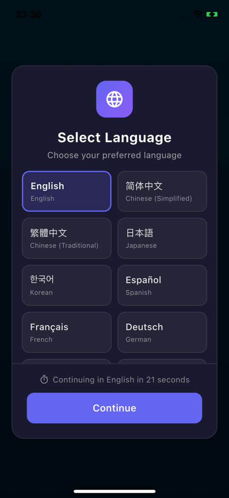 AImagica app language selection screen showing various language options like English and Spanish with a continue button