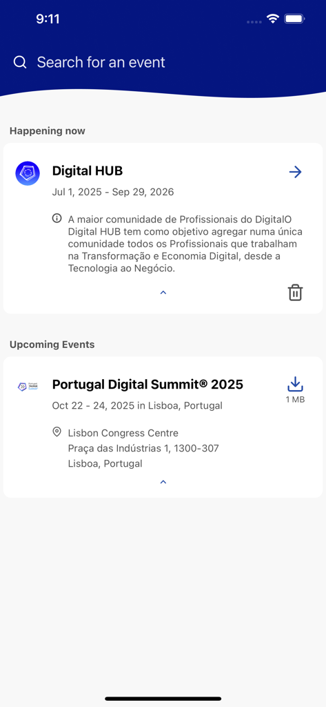 Portugal Digital HUB - Interface of the Portugal Digital HUB app displaying a list of current and upcoming technology events in Portugal