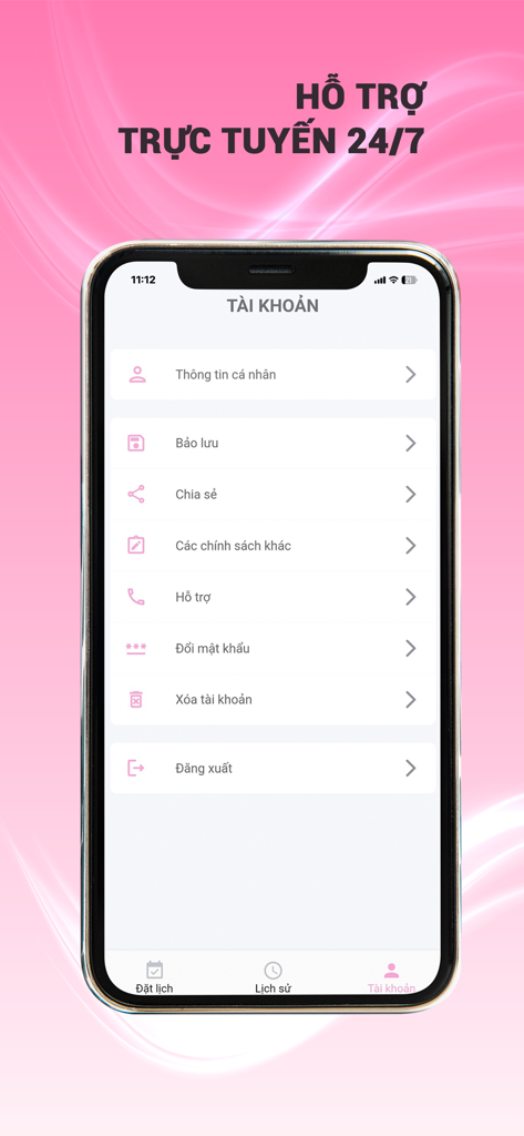 FourT Pilates - Bildschirm mit den Kontoeinstellungen der FourT Pilates App auf einem Smartphone, der Profil- und Support-Optionen anzeigt