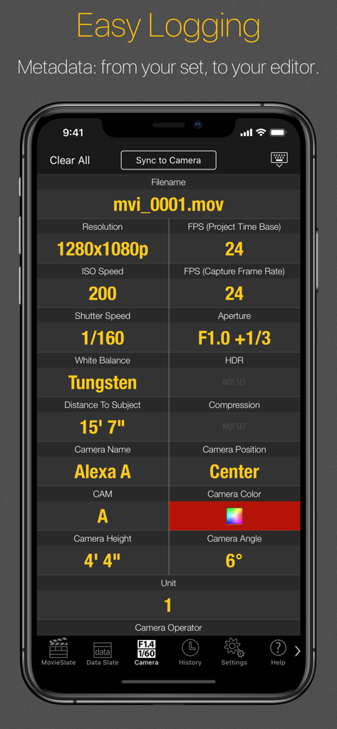 MovieSlate® 8 - MovieSlate 8 App-Oberfläche, die Kamera-Metadaten wie Auflösung, ISO und Blende für die professionelle Filmproduktion anzeigt
