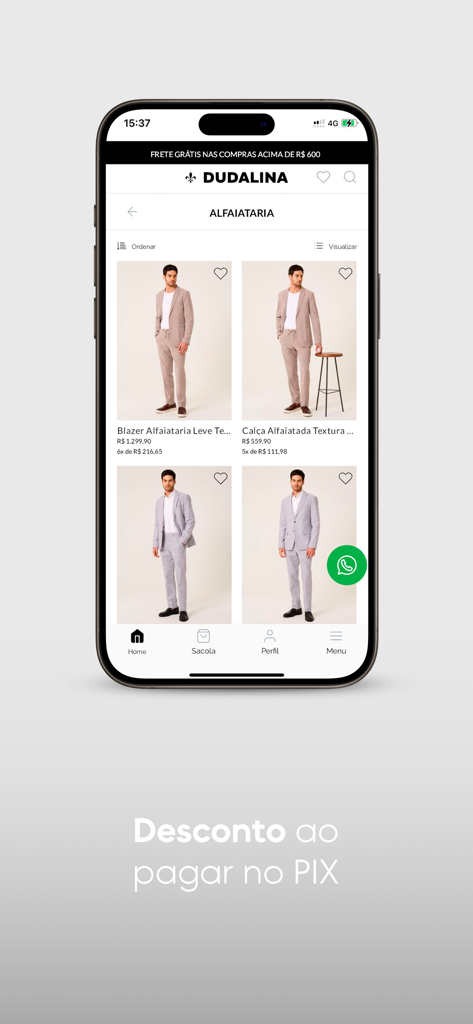 DUDALINA - Dudalina mobile app displaying a catalog of men's tailored suits and blazers with a WhatsApp contact button.