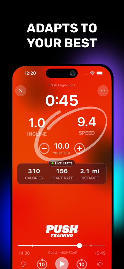 PushTraining app interface displaying treadmill workout incline speed and live fitness stats