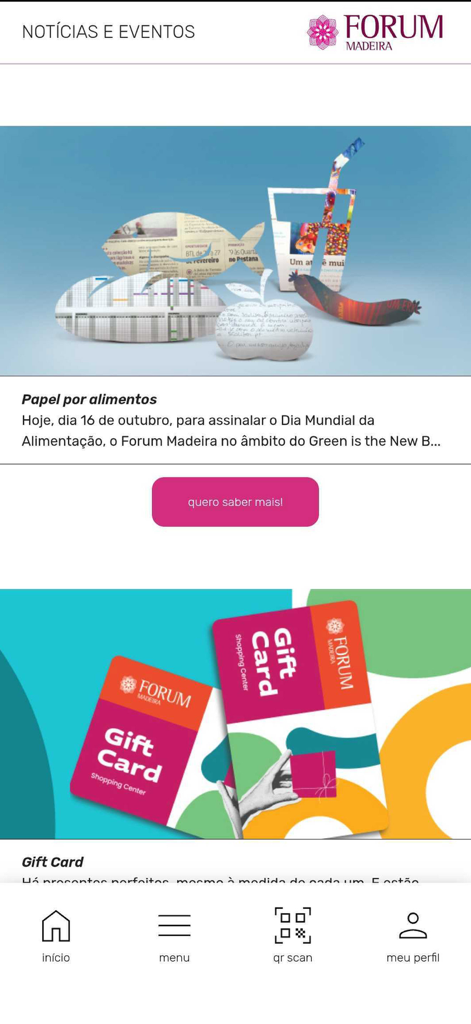 Forum Madeira - Écran des actualités et promotions de cartes cadeaux de l'application Forum Madeira