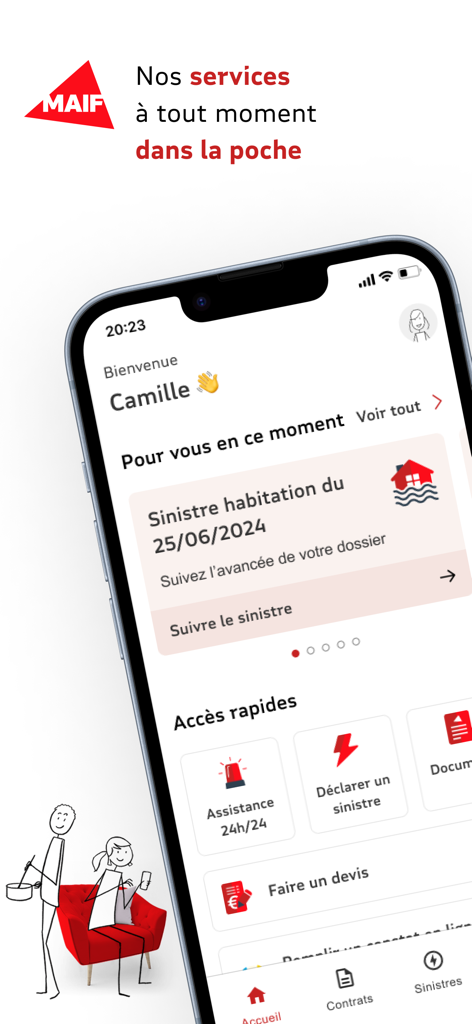 MAIFモバイル保険アプリのインターフェース。住宅請求の追跡ステータスと、アシスタンスおよび見積もりへのクイックアクセスボタンが表示されています。