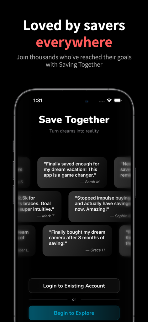 Saving Together - Pantalla de la aplicación Juntos Ahorrando que muestra historias de éxito de usuarios y testimonios para alcanzar metas financieras.