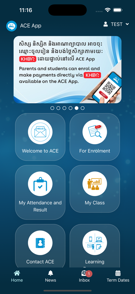 ACE App (Cambodia) - ACE App Cambodia dashboard showing menu options for enrollment attendance and academic results