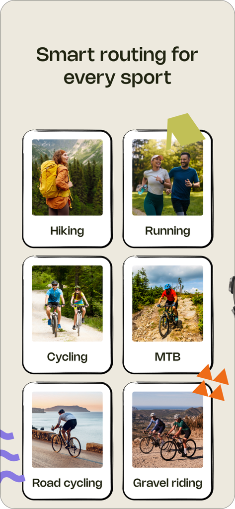 Interfaz de la aplicación Komoot que muestra opciones de enrutamiento inteligente para senderismo, running, ciclismo, MTB, ciclismo de carretera y gravel