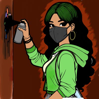 realistic girl with mask spray painting a wall