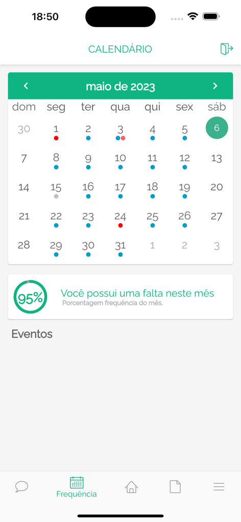NetEscola - Kalenderbildschirm der mobilen NetEscola-App, der die Anwesenheit des Schülers und den Prozentsatz der Häufigkeit anzeigt.