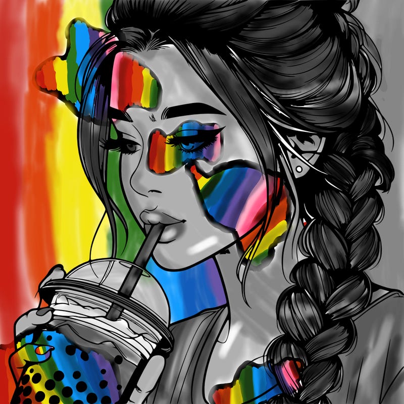 realistic girl drinking boba tea with braided hair