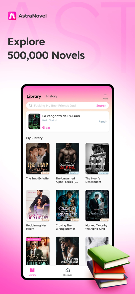 AstraNovel - Infinite Stories - AstraNovel mobile app library interface showing a selection of romance and fantasy book covers.