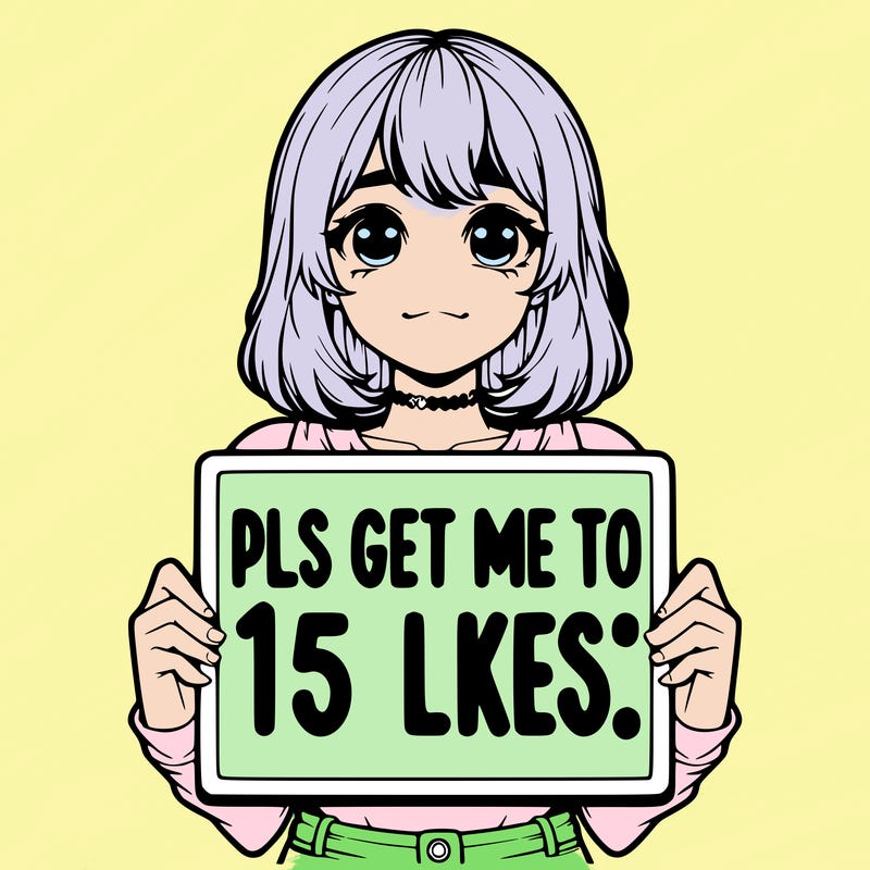 realistic girl holding up a sign that says “pls get me to 15 likes!”