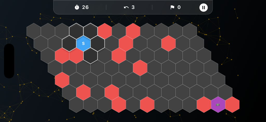 Ascend: Brain Training & IQ - Path Finder game screen in Ascend app showing a hexagonal grid with a blue start hex and a purple finish hex