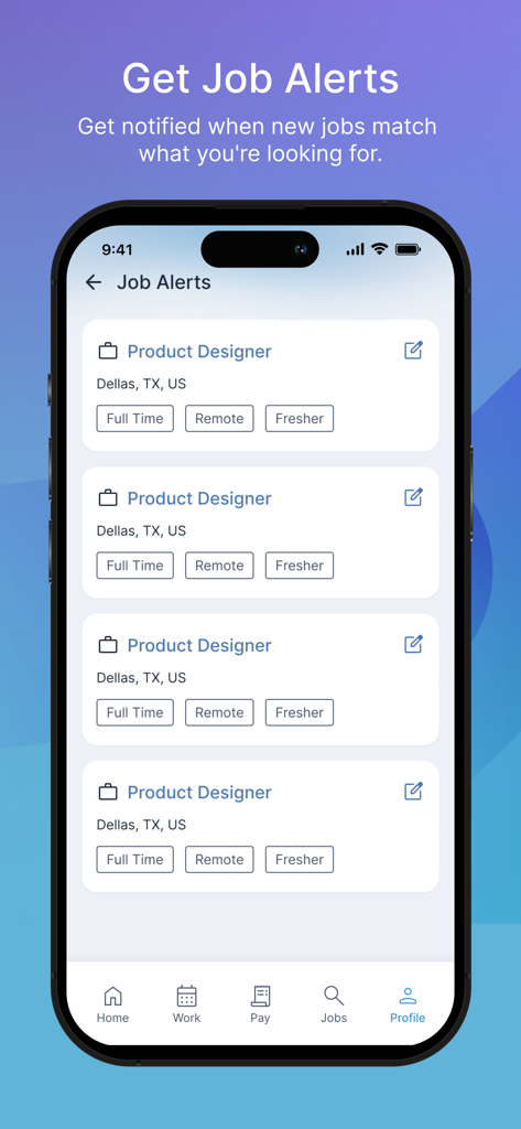 Schermata mobile che mostra avvisi di lavoro per posizioni di product designer nell'app My Manpower