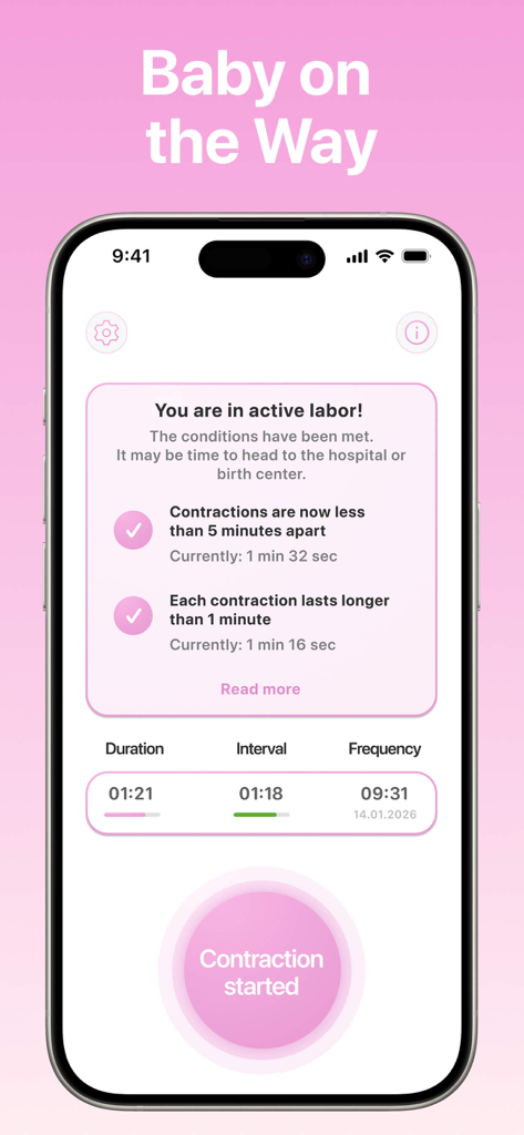 Contraction Timer Tracker . - Pantalla de la aplicación de temporizador de contracciones que notifica al usuario que está en labor activa con estadísticas de tiempo