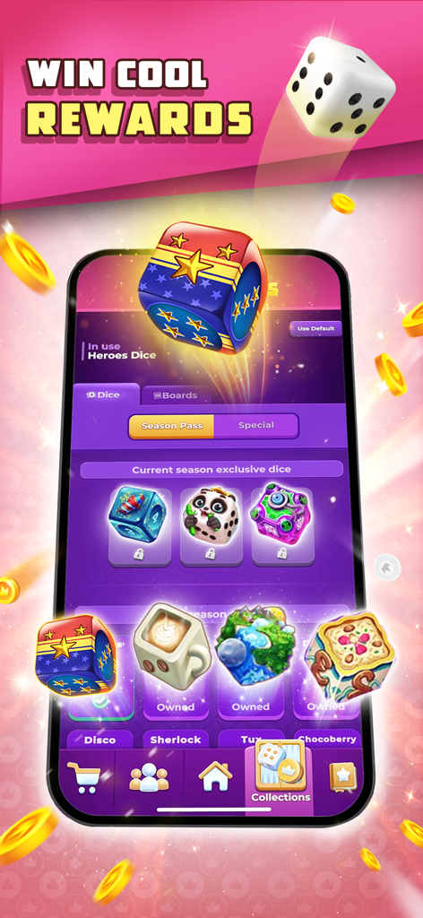 Tela de recompensas do Backgammon Friends Online mostrando uma coleção de skins de dados colecionáveis personalizadas