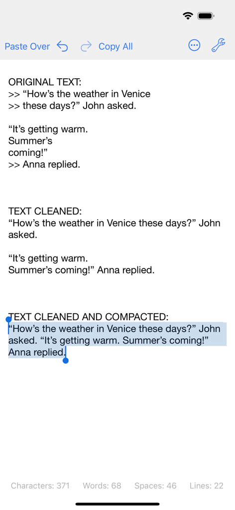 A comparison showing original messy text versus cleaned and compacted text in the Clean Text app interface.