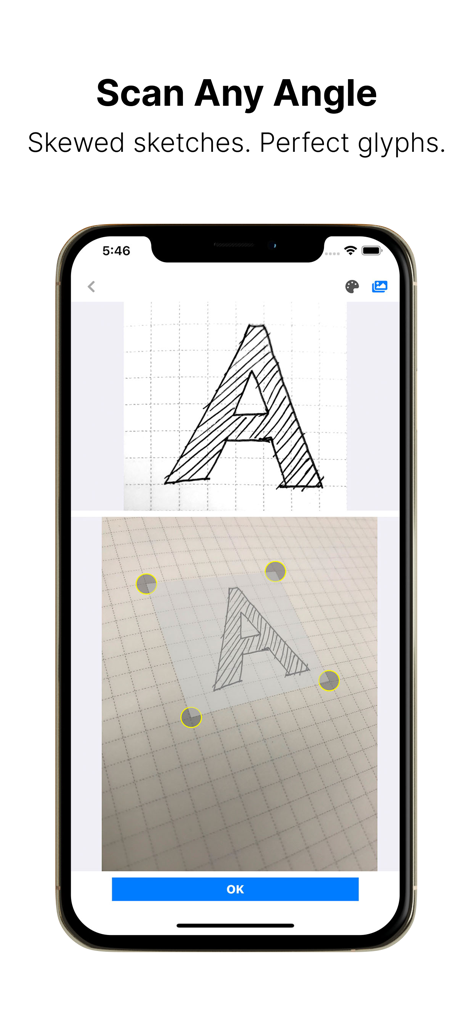 Letterforms - Font Maker - Smartphone screen showing the Letterforms app scanning a hand-drawn letter A to create a digital font glyph.