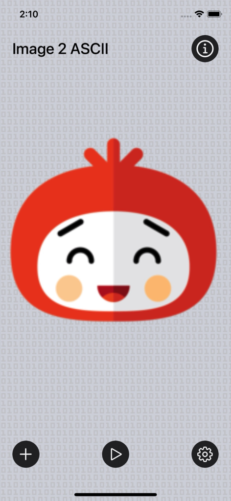 Pantalla de inicio de la aplicación Imagen a Arte ASCII con un personaje de dibujos animados rojo sobre una cuadrícula de fondo basada en texto con iconos de navegación.