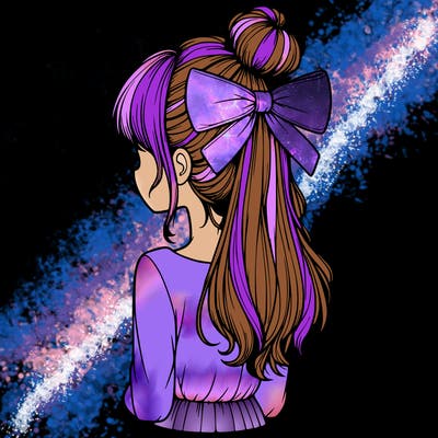 realistic girl  with hip length hair a bun and a big bow on the back of head