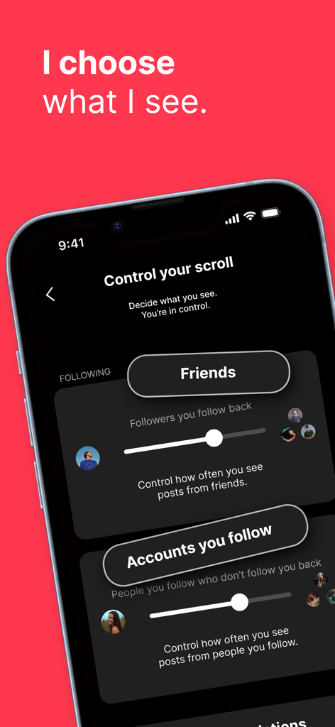 monnett - Pantalla de smartphone mostrando la configuración de la aplicación monnett para controlar el algoritmo del feed de redes sociales y la frecuencia de publicación.