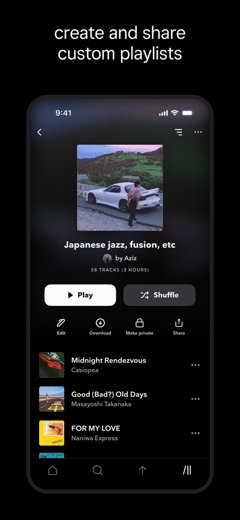 TIDAL app screenshot showing a user created Japanese jazz and fusion playlist with options to play and share