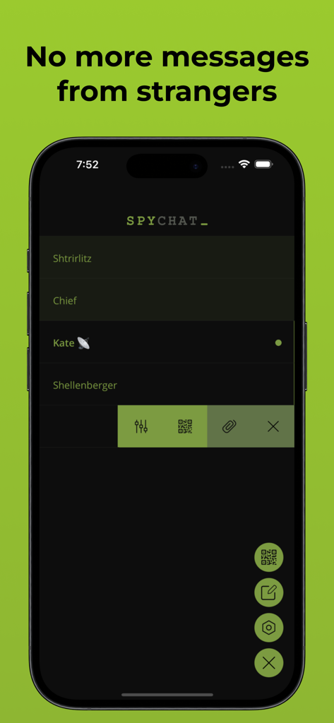 Interface do aplicativo SpyChat em um iPhone mostrando uma lista de contatos privados e o texto Chega de mensagens de estranhos