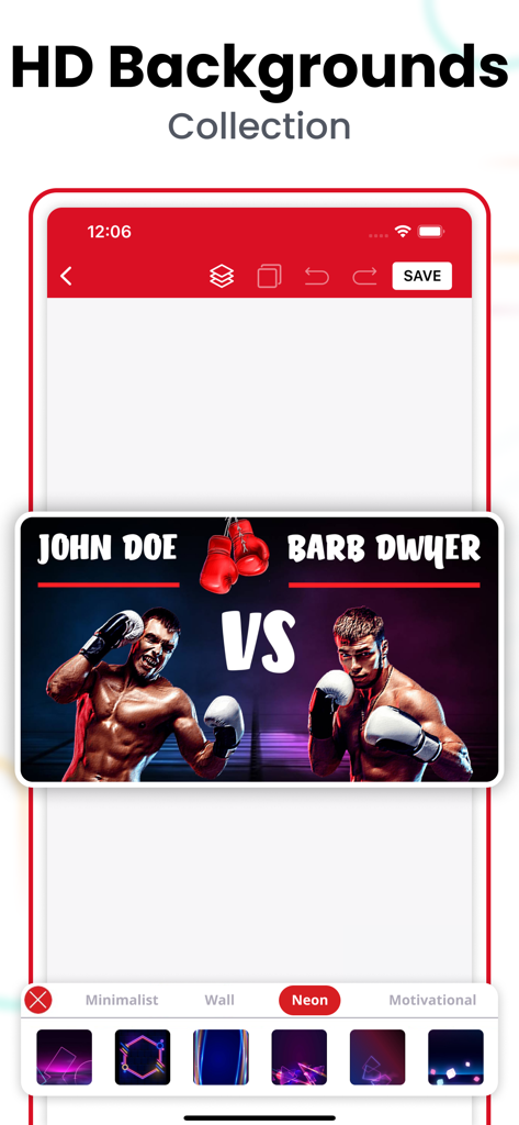 Thumbnail Maker, Banner Maker - Thumbnail maker app screen showing HD background options and a sample boxing thumbnail design