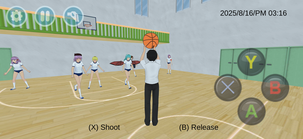 An anime character prepares to shoot a basketball in a high school gym within the High School Simulator 2018 mobile game.