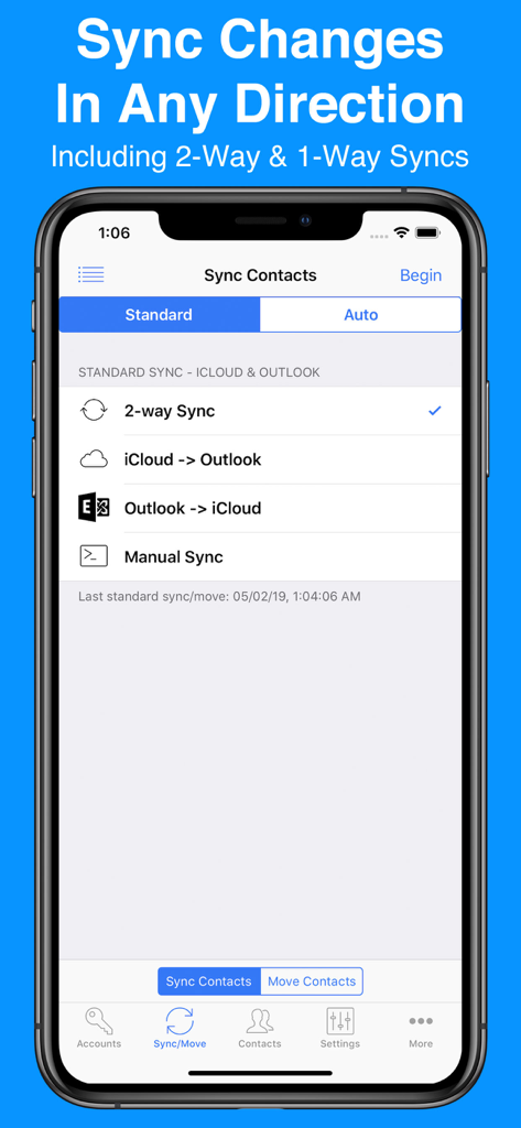 Contacts Mover - Contacts Mover app screen showing options for two way and one way sync between iCloud and Outlook