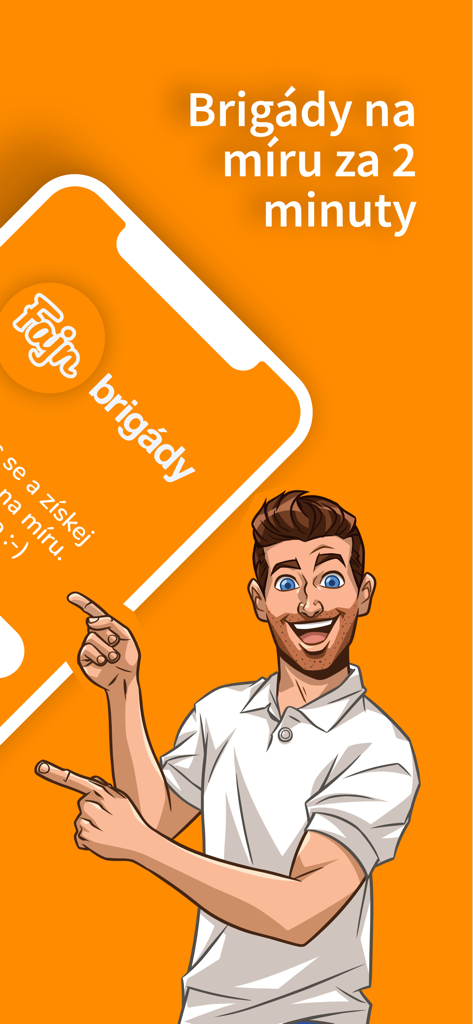Fajn brigády - Illustration of a smiling man pointing to the Fajn brigady mobile app screen for part-time jobs