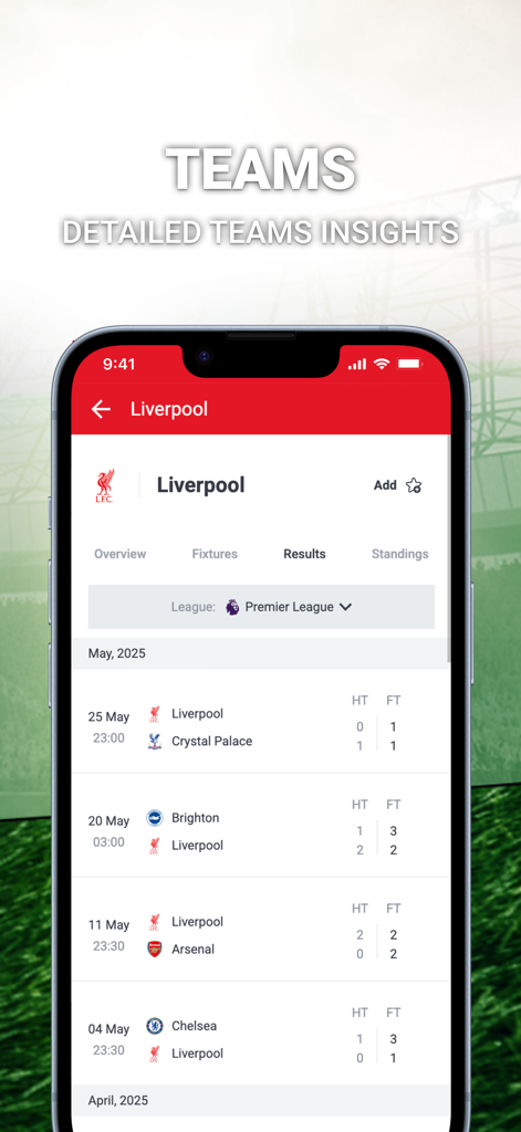 Sporty.com - Sporty.com app interface showing Liverpool football team match results and scores.