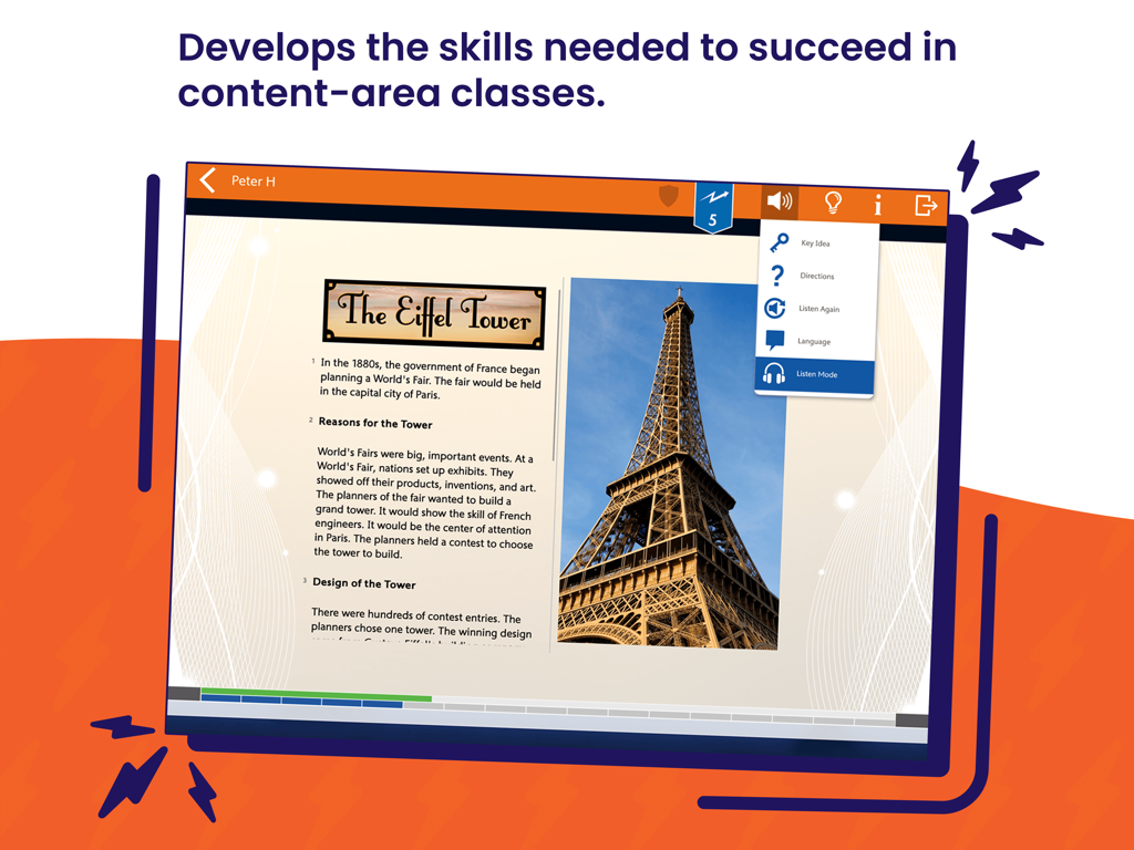 Lexia PowerUp - Lexia PowerUp interface showing a reading comprehension lesson about the Eiffel Tower with integrated literacy support tools.
