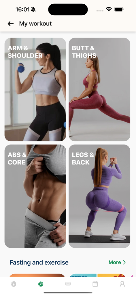 Home Workouts for Men at Home - A mobile app interface displaying workout categories for different body parts