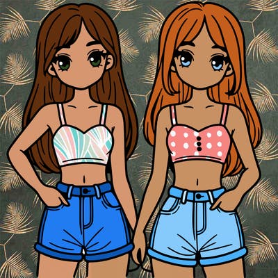 two sisters with crop tops and jean shorts and straight hair