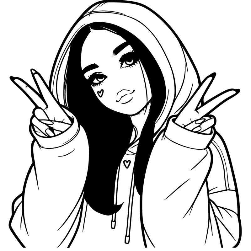 realistic girl in an oversized hoodie showing an ✌️