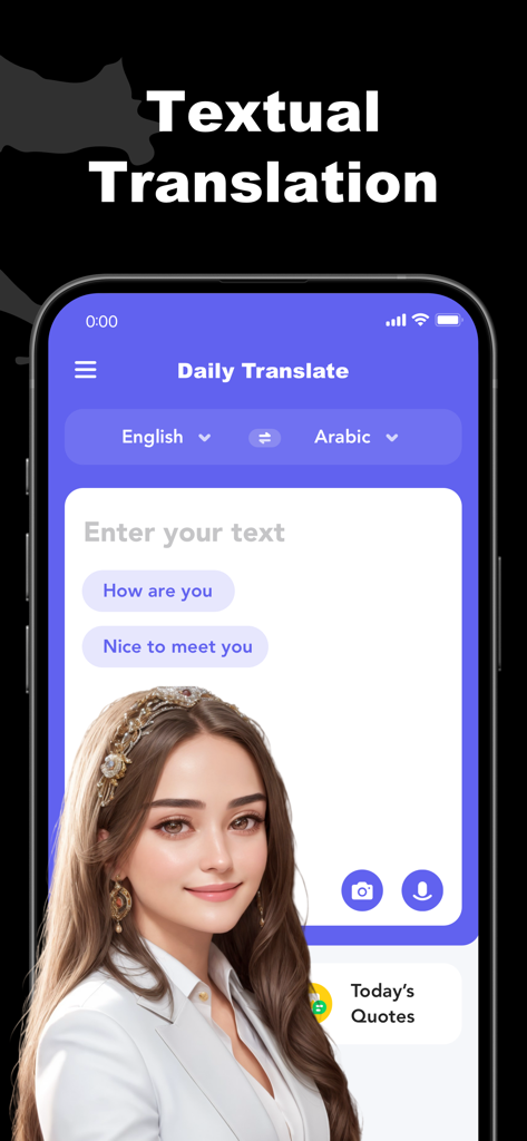 Daily Translate: AI Text Voice - 데일리 번역 앱의 텍스트 번역 인터페이스에는 영어에서 아랍어로 언어 선택이 표시됩니다.