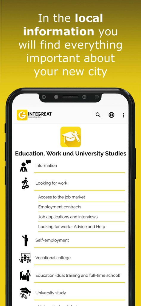 Integreat app screen showing local information categories for education and job seeking