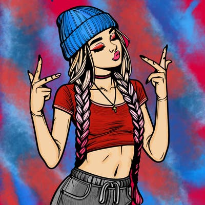 realistic teenage girl with braids and a beanie and crop top doing 🫶🏼
