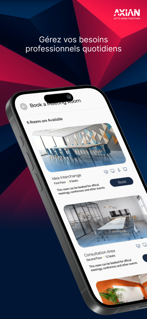 My AXIAN HR - Interface de l'application My AXIAN HR affichant les salles de réunion disponibles à la réservation