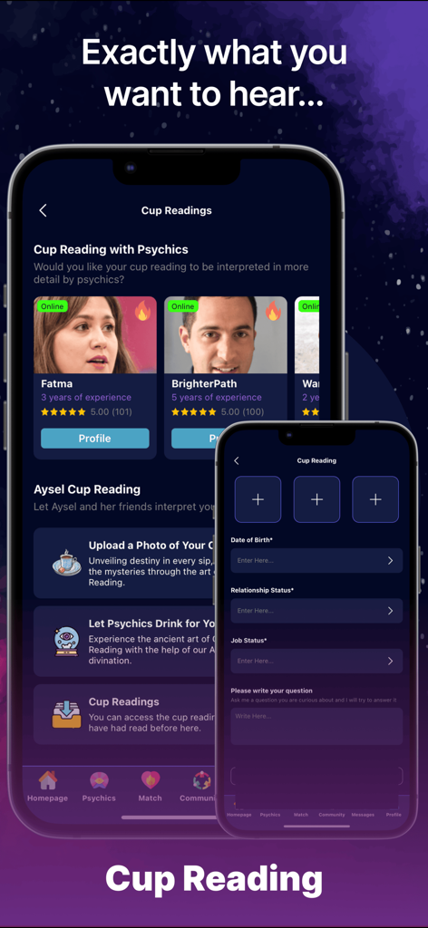 Interfaz de la aplicación Aysel que muestra la función de lectura de tazas de café con perfiles psíquicos y un formulario para subir fotos para la adivinación.