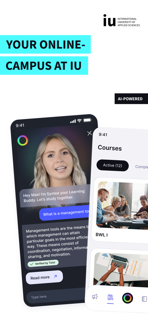 IU myCampus mobile app showing the AI learning assistant Syntea and student course dashboard.