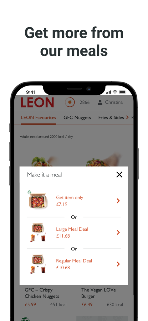 LEON Club: Order & Loyalty - A mobile app interface displaying options to upgrade an order to a meal deal with pricing.