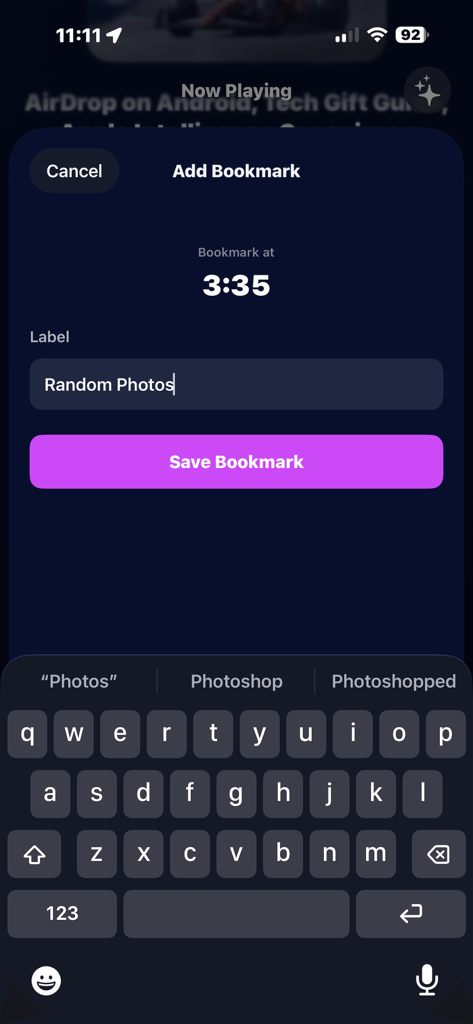 Interface for adding a smart bookmark with a timestamp in the Modcast app