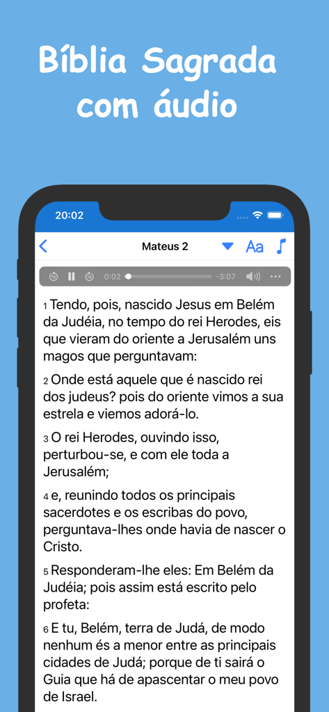 Biblia catolica ave maria - Interfaz de la aplicación Biblia Sagrada en portugués mostrando texto de las escrituras y un reproductor de audio integrado
