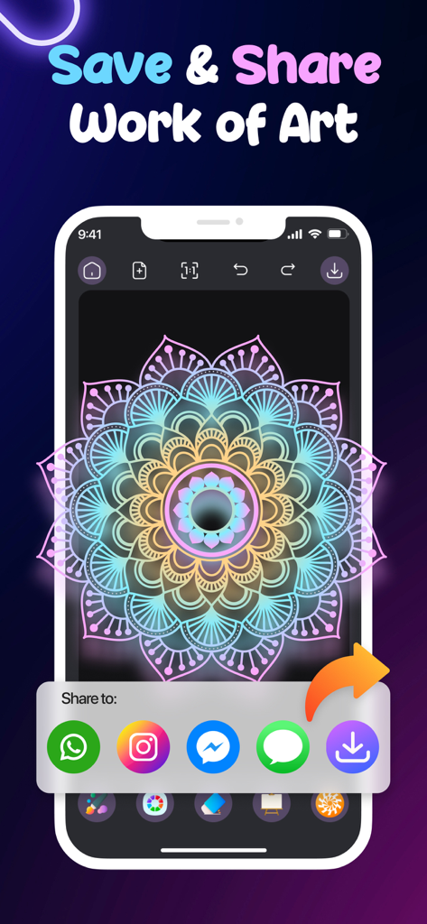 Doodle Magic: Joy Glow Drawing - Interface showing social media sharing options for a glowing neon mandala drawing