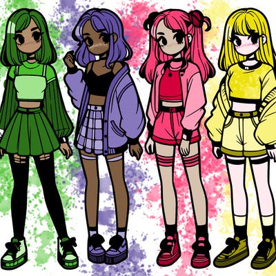 one girl with crop-top shirt and a jacket with a skirt, long socks and another girl with a shirt and pants with a jacket