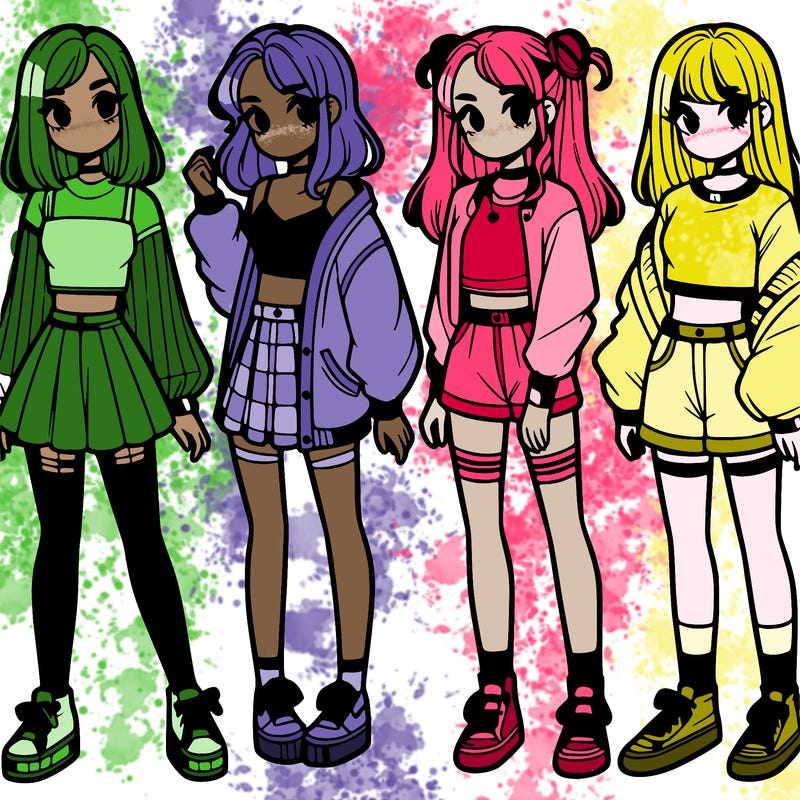 one girl with crop-top shirt and a jacket with a skirt, long socks and another girl with a shirt and pants with a jacket